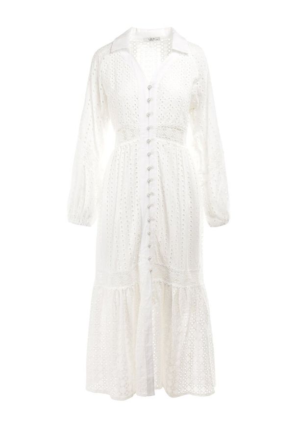 Born2be - Biała Sukienka Amarit. Kolor: biały. Materiał: bawełna, koronka, tkanina. Wzór: aplikacja, haft. Typ sukienki: koszulowe. Styl: boho. Długość: midi