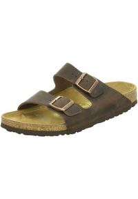 Klapki Birkenstock Arizona. Zapięcie: bez zapięcia. Kolor: brązowy. Materiał: skóra, materiał. Szerokość cholewki: normalna. Sport: turystyka piesza