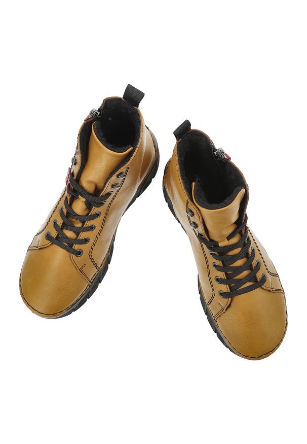 Żółte Botki Rieker Ocieplane Obuwie Damskie. Okazja: na co dzień. Zapięcie: sznurówki. Kolor: żółty. Materiał: materiał, skóra ekologiczna. Szerokość cholewki: normalna. Styl: casual, sportowy