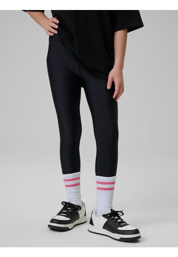 4f - 4F Legginsy dzianinowe z wysokim stanem dziewczęce - czarne 158/164 (12-14 lat). Okazja: na co dzień. Stan: podwyższony. Kolor: czarny. Materiał: dzianina. Długość: długie. Wzór: gładki. Sezon: lato. Styl: casual