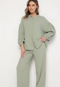 Born2be - Zielony Muślinowy Komplet z Bawełny o Kroju Oversize Koszula i Szerokie Spodnie Ziselia. Kolor: beżowy. Materiał: bawełna. Wzór: aplikacja #7
