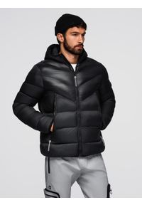 Ombre Clothing - Nowoczesna pikowana kurtka męska z łączonych materiałów – czarna V1. Typ kołnierza: kołnierzyk stójkowy. Kolor: czarny. Materiał: materiał. Długość: długie