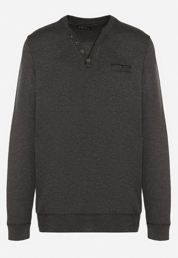 Born2be - Ciemnoszary Sweter z Wełną Zdobiony Guzikami przy Dekolcie Acandria. Okazja: na co dzień. Kolekcja: plus size. Kolor: szary. Materiał: wełna. Wzór: aplikacja. Styl: klasyczny, casual, elegancki