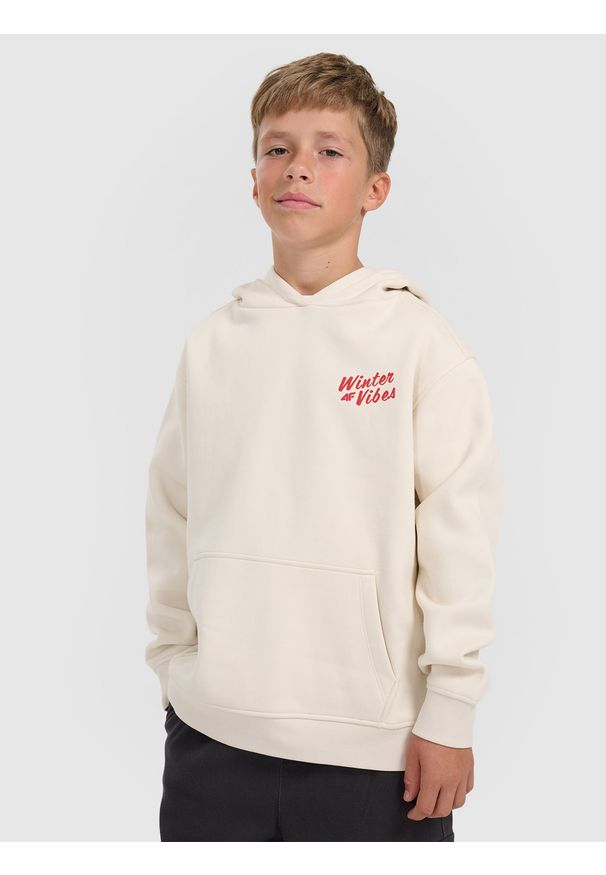 4f - 4F Bluza dresowa nierozpinana z kapturem chłopięca - biała 134/140 (8-10 lat). Typ kołnierza: kaptur. Kolor: biały. Materiał: dresówka. Sezon: lato