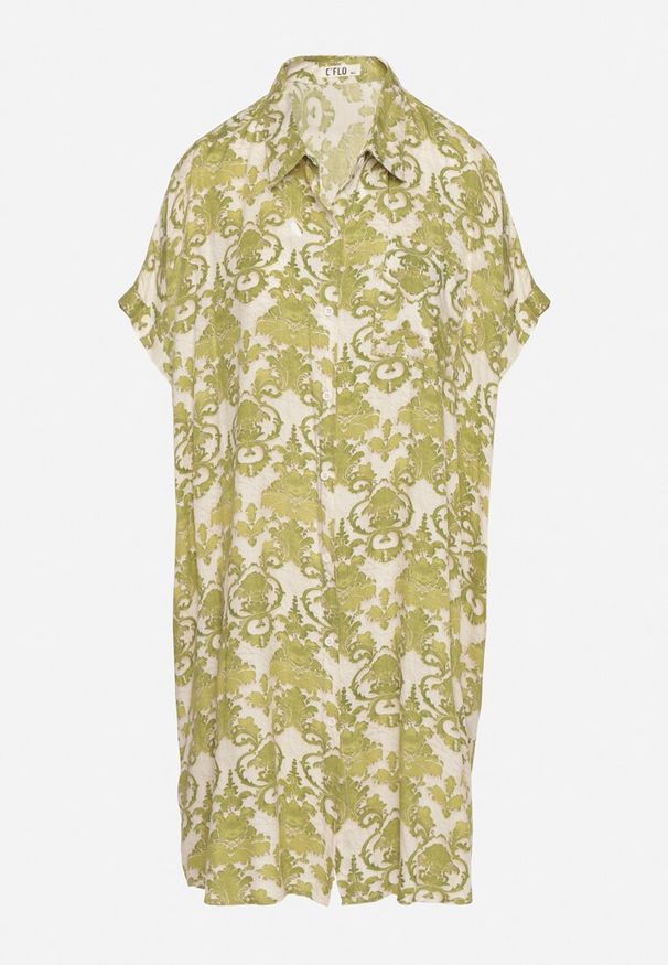 Born2be - Ciemnozielona Pudełkowa Sukienka Koszulowa z Wiskozy w Ornamentalny Print Vanisse. Okazja: na co dzień. Kolor: zielony. Materiał: wiskoza. Długość rękawa: krótki rękaw. Wzór: nadruk. Sezon: wiosna, lato. Typ sukienki: koszulowe. Styl: casual