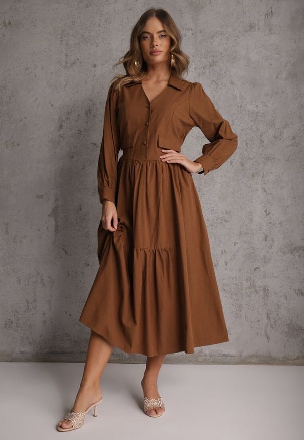 Renee - Brązowa Rozkloszowana Sukienka Koszulowa z Bawełny i Wiskozy Zdobiona Klapami Gleta. Okazja: na co dzień. Kolor: brązowy. Materiał: wiskoza, bawełna. Wzór: aplikacja. Typ sukienki: koszulowe. Styl: casual, elegancki