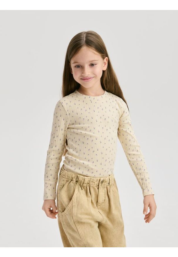 Reserved - Wzorzysta bluzka - kremowy. Kolor: kremowy. Materiał: bawełna