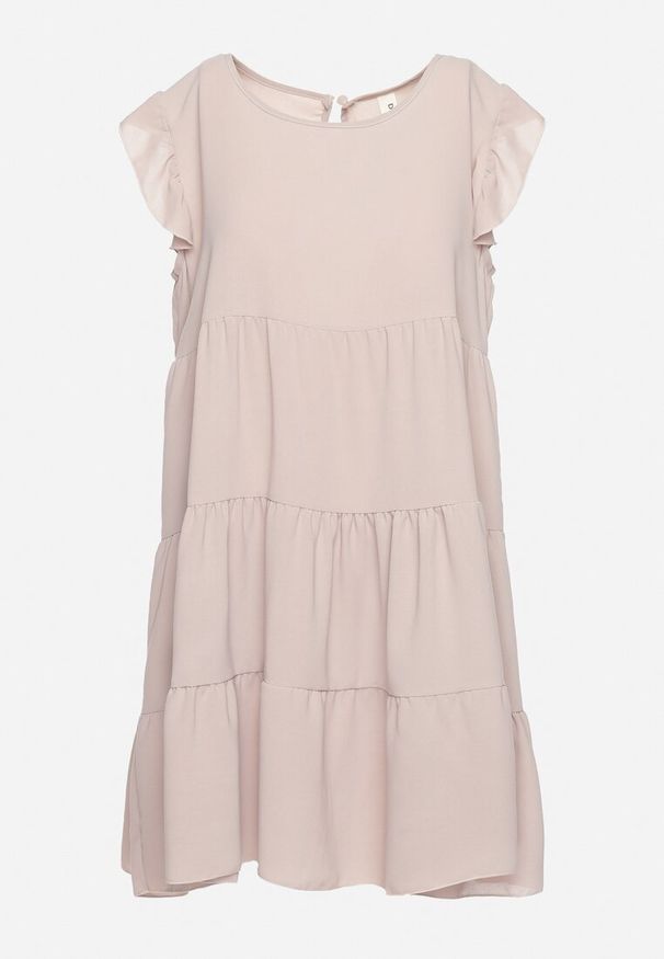 Born2be - Beżowa Rozkloszowana Sukienka z Falbankami Zapinana przy Szyi Rettesa. Okazja: na co dzień. Typ kołnierza: kołnierz z falbankami. Kolor: beżowy. Materiał: wiskoza, tkanina. Sezon: lato. Styl: elegancki, casual