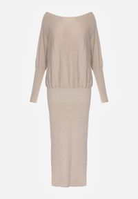 Renee - Beżowa Nietoperzowa Sukienka z Dzianiny z Wiskozą z Dekoltem w Łódkę Yuzoma. Typ kołnierza: dekolt w łódkę. Kolor: beżowy. Materiał: dzianina, wiskoza. Typ sukienki: oversize #4