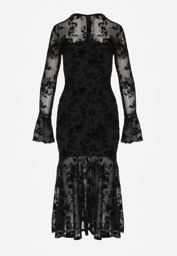 Born2be - Czarna Siateczkowa Sukienka Wieczorowa VICES z Welurowym Wzorem Jilney. Okazja: na randkę. Kolor: czarny. Materiał: welur. Styl: wizytowy