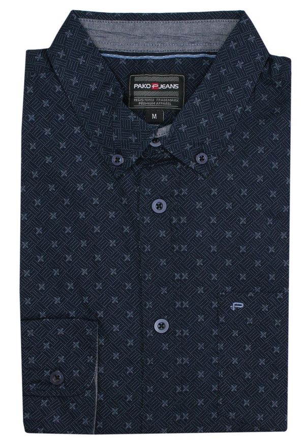 Pako Jeans - Koszula Casualowa, Granatowa w Drobny Wzór, Bawełniana, Długi Rękaw -PAKO JEANS. Okazja: na co dzień. Kolor: niebieski. Materiał: bawełna. Długość rękawa: długi rękaw. Długość: długie. Styl: casual