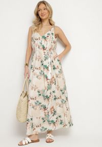 Born2be - Beżowo-Zielona Kwiecista Sukienka na Ramiączkach z Wiskozą o Rozkloszowanym Kroju Jenarienna. Okazja: na co dzień. Typ kołnierza: dekolt w kształcie V. Kolor: zielony. Materiał: wiskoza. Długość rękawa: na ramiączkach. Wzór: kwiaty. Typ sukienki: rozkloszowane. Styl: casual, elegancki #6