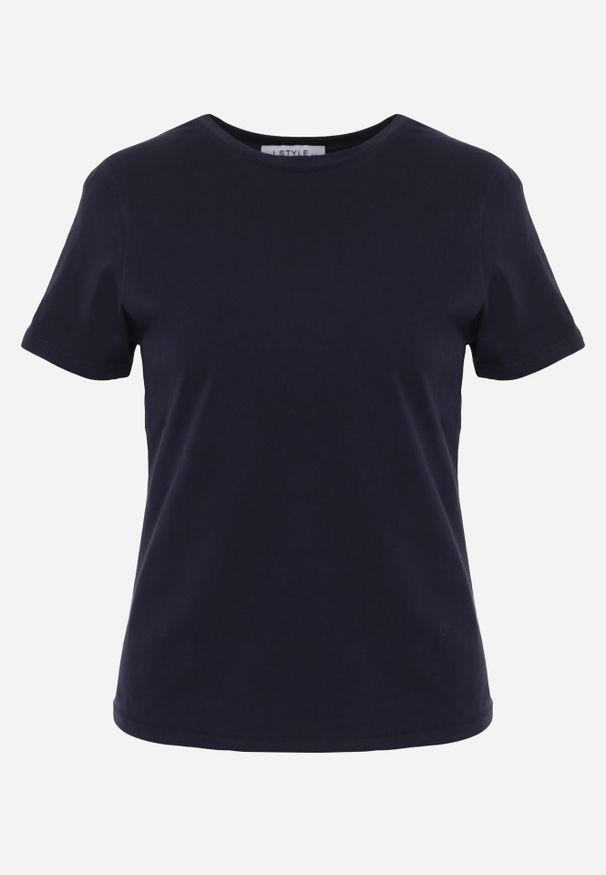 Born2be - Granatowy Bawełniany T-shirt w Klasycznym Stylu Nedila. Kolor: niebieski. Materiał: bawełna. Długość: długie. Styl: klasyczny