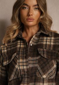 Renee - Brązowa Koszulowa Kurtka w Kratę Emitila. Okazja: na co dzień. Kolor: brązowy. Materiał: jeans. Styl: casual #2