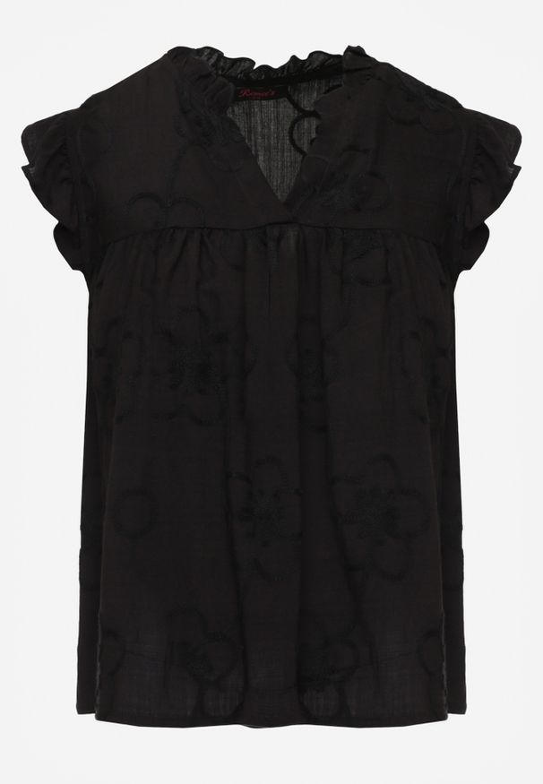 Renee - Czarna Haftowana Bluzka z Bawełny Zdobiona Falbankami Bolidia. Typ kołnierza: kołnierz z falbankami. Kolor: czarny. Materiał: bawełna. Wzór: aplikacja, haft. Styl: boho