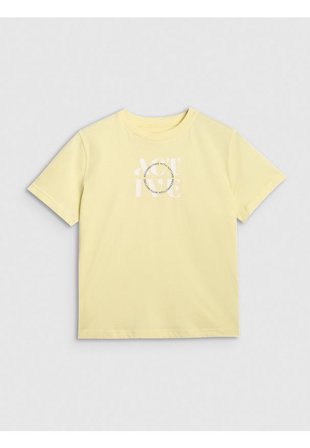 4f - 4F T-shirt z nadrukiem damski - żółty XS. Okazja: na co dzień. Kolor: żółty. Materiał: bawełna, jersey. Długość rękawa: krótki rękaw. Długość: krótkie. Wzór: nadruk. Styl: klasyczny, sportowy, casual