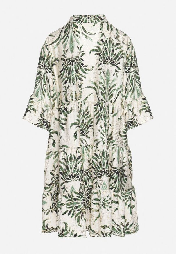 Born2be - Zielono-Beżowa Rozkloszowana Sukienka z Lnem z Metalicznym Nadrukiem Filasenia. Okazja: na spacer. Typ kołnierza: dekolt w kształcie V, kołnierz z falbankami. Kolor: zielony. Materiał: len. Wzór: nadruk. Sezon: lato. Styl: elegancki