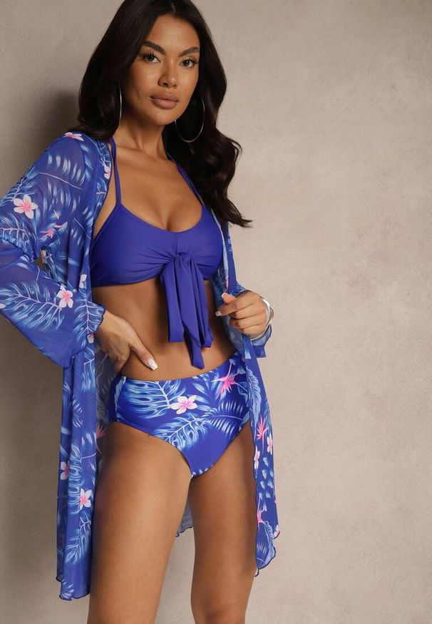 Renee - Niebieskie Bikini Biustonosz z Wiązaniem i Figi z Dodatkową Siateczkową Narzutką Zarionea. Kolor: niebieski. Wzór: aplikacja