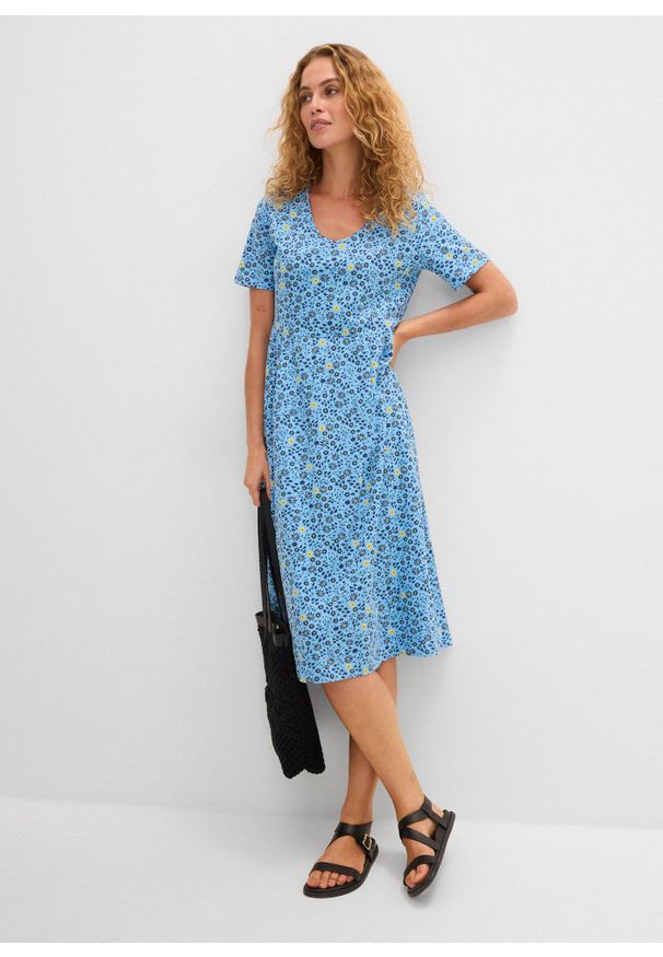 bonprix - Sukienka midi z bawełnianego dżerseju. Kolor: niebieski. Materiał: jersey, bawełna. Długość: midi