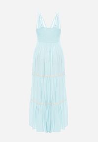 Born2be - Jasnoniebieska Sukienka na Ramiączkach z Gumką w Pasie Zapinana na Guziki z Falbanką i Haftem Tiamavita. Kolor: niebieski. Długość rękawa: na ramiączkach. Wzór: haft. Sezon: lato #6