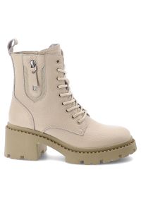 Beżowe Botki Vinceza Ocieplane Obuwie Damskie. Okazja: na co dzień. Zapięcie: sznurówki. Kolor: beżowy. Materiał: skóra. Obcas: na obcasie. Styl: casual, elegancki. Wysokość obcasa: średni #1