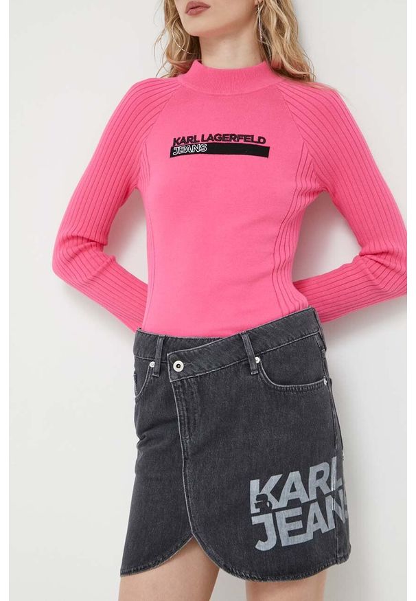 Karl Lagerfeld Jeans spódnica jeansowa kolor czarny mini prosta. Kolor: czarny. Materiał: materiał. Wzór: nadruk