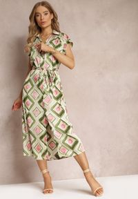 Renee - Zielona Wzorzysta Sukienka Midi w Koszulowym Stylu z Materiałowym Paskiem Emelitta. Okazja: na co dzień. Kolor: zielony. Materiał: materiał. Typ sukienki: koszulowe. Styl: casual. Długość: midi