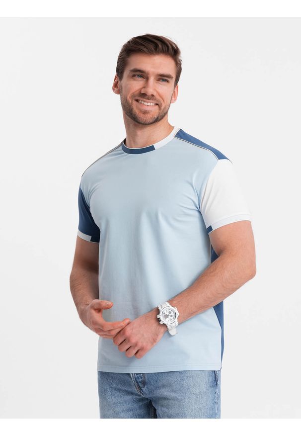 Ombre Clothing - Męski t-shirt z elastanem z kolorowymi rękawami - niebieski V2 - Rozmiar: L. Okazja: na co dzień. Kolor: niebieski. Materiał: elastan. Wzór: kolorowy. Styl: casual, klasyczny