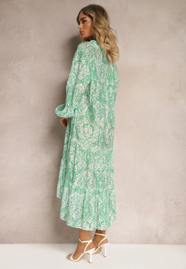 Renee - Zielona Kwiecista Sukienka o Rozkloszowanym Kroju z Dekoltem w Serek Nerpia. Typ kołnierza: dekolt w serek. Kolor: zielony. Długość rękawa: krótki rękaw. Sezon: wiosna, lato