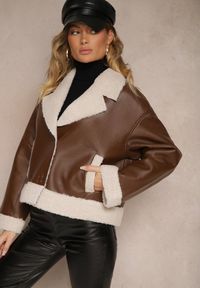 Renee - Brązowa Kurtka Biker w Stylu Ramoneski z Futrzanym Ociepleniem Nikinia. Okazja: na co dzień. Kolor: brązowy. Materiał: futro. Styl: klasyczny, casual, elegancki