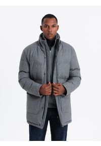 Ombre Clothing - Ciepła długa kurtka męska typu parka z wełną – szary melanż V1 - Rozmiar: M. Kolor: szary. Materiał: wełna. Długość: długie. Wzór: melanż #5