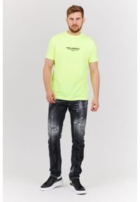 Karl Lagerfeld - KARL LAGERFELD Neonowy t-shirt męski z wypukłym logo, Rozmiar S. Typ kołnierza: dekolt w karo. Kolor: żółty. Materiał: prążkowany. Wzór: aplikacja