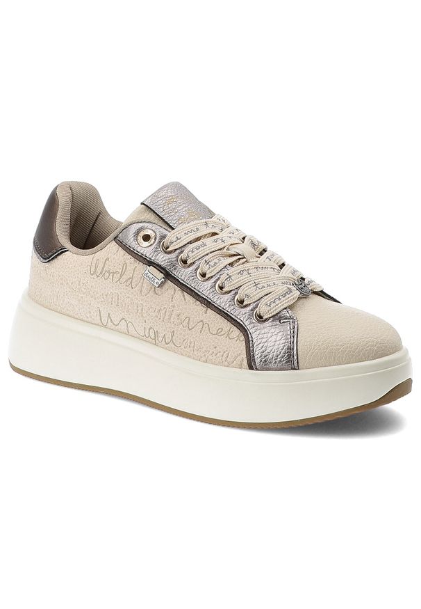 Sneakersy damskie Anekke, na grubej platformie z napisami i wzorami z okrągłym noskiem i sznurowane, białe, 41380-429-Roma-413. Okazja: na co dzień. Nosek buta: okrągły. Zapięcie: sznurówki. Kolor: biały. Wzór: napisy. Obcas: na platformie. Styl: casual, sportowy