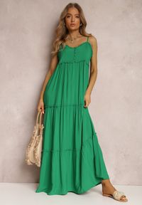 Renee - Zielona Sukienka Pherina. Okazja: na imprezę. Kolor: zielony. Materiał: tkanina, wiskoza. Długość rękawa: na ramiączkach. Wzór: aplikacja. Sezon: wiosna, lato. Typ sukienki: rozkloszowane