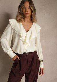 Renee - Jasnobeżowa Koszula Vices z Dekoltem z Falbanami i Bufiastymi Rękawami Zoiruna. Kolor: beżowy. Materiał: jeans. Styl: boho