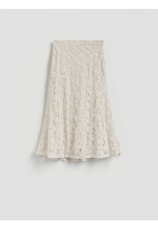 Reserved - Spódnica z koronką - kremowy. Kolor: kremowy. Materiał: koronka. Wzór: koronka