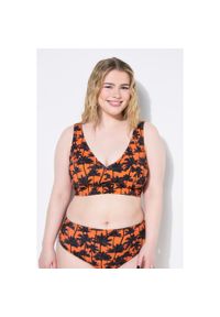 ULLA POPKEN - Damski Top od bikini miękkie miseczki nadruk z palmami. Kolekcja: plus size. Kolor: pomarańczowy. Materiał: poliester, elastan, poliamid, materiał. Wzór: nadruk