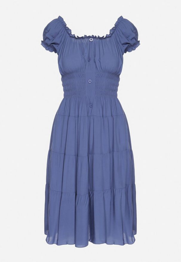 Born2be - Granatowa Bawełniana Rozkloszowana Sukienka z Guzikami i Bufiastymi Rękawami Annivi. Okazja: na co dzień. Kolor: niebieski. Materiał: bawełna. Styl: klasyczny, casual, elegancki