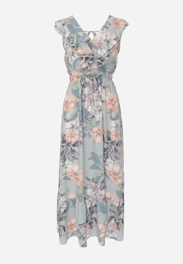 Renee - Miętowa Rozkloszowana Sukienka w Kwiatowy Wzór z Falbanami i Wiązaniem Kerna. Typ kołnierza: kołnierz z falbankami. Kolor: miętowy. Materiał: materiał. Długość rękawa: bez rękawów. Wzór: kwiaty. Długość: maxi