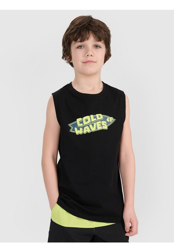 4f - 4F Tank top regular z nadrukiem chłopięcy - czarny 164 (13-14 lat). Kolor: czarny. Materiał: jersey, bawełna, materiał. Długość rękawa: bez rękawów. Wzór: nadruk. Sezon: lato