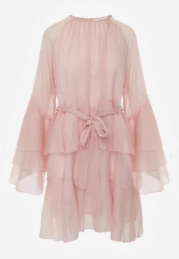 Born2be - Różowa Sukienka z Eterycznymi Falbanami i Wiązanym Paskiem Rivaniah. Okazja: na ślub cywilny, na wesele. Kolor: różowy. Styl: elegancki