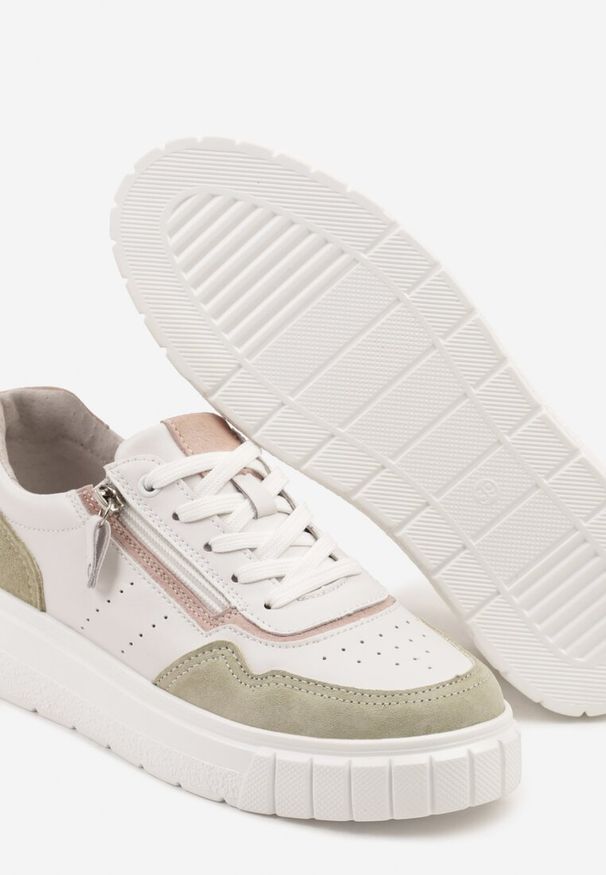 Renee - Biało-Zielone Sneakersy ze Skóry Naturalnej z Ozdobnym Suwakiem Tilliraya. Okazja: na co dzień. Kolor: biały. Materiał: skóra. Wzór: aplikacja