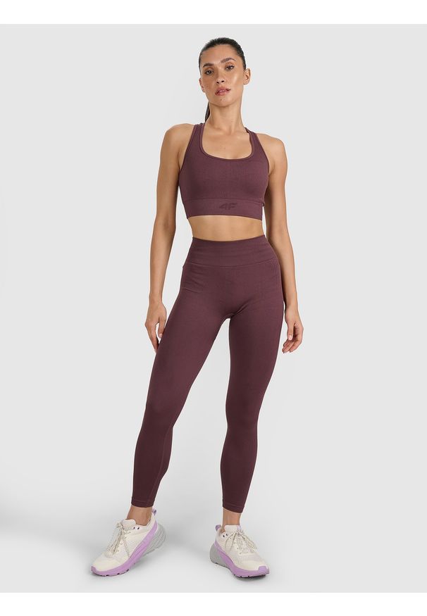 4f - 4F Legginsy treningowe bezszwowe damskie - brązowe M/L. Stan: podwyższony. Kolor: brązowy. Materiał: elastan, materiał, włókno, dzianina, syntetyk. Wzór: gładki, ze splotem. Sport: fitness