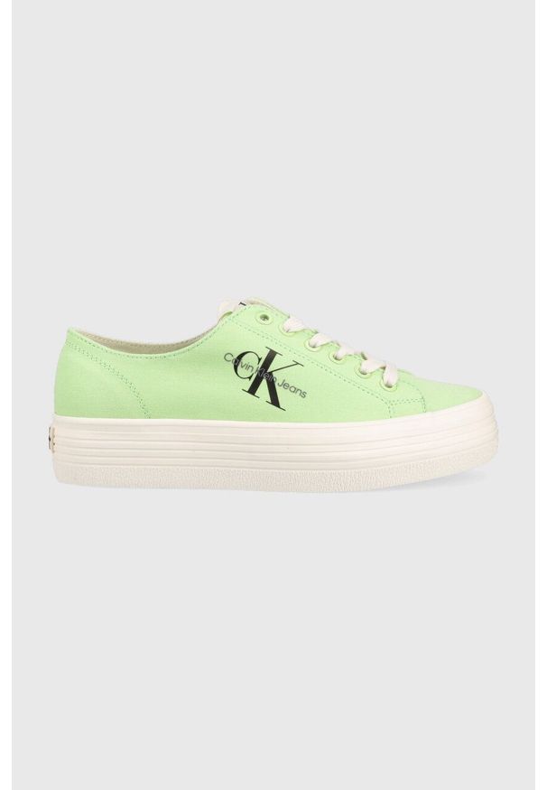 Calvin Klein Jeans tenisówki VULC FLATFORM ESSENTIAL MONO damskie kolor zielony YW0YW01030. Nosek buta: okrągły. Zapięcie: sznurówki. Kolor: zielony. Materiał: materiał. Obcas: na platformie