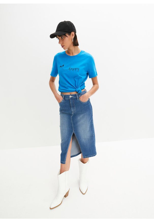 bonprix - T-shirt z czystej bawełny. Kolor: niebieski. Materiał: bawełna. Wzór: nadruk