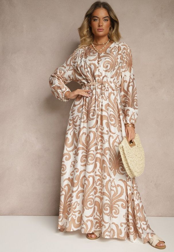 Renee - Jasnobeżowa Sukienka z Wiskozą o Rozkloszowanym Kroju w Abstrakcyjny Print Ridirinda. Kolor: beżowy. Materiał: wiskoza. Wzór: nadruk