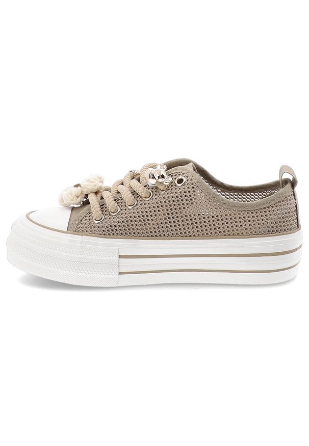Sneakersy damskie Filippo, cholewka z materiału tekstylnego siateczkowego wiązanie z przodu na solidnej podeszwie, beżowe, DTN7855/26. Okazja: na co dzień. Kolor: beżowy. Materiał: materiał. Szerokość cholewki: normalna. Wzór: kwiaty, ażurowy. Styl: elegancki, klasyczny, casual