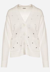 Born2be - Biały Rozpinany Kardigan w Kropki Tusvanea. Okazja: na co dzień. Kolor: biały. Materiał: jeans. Wzór: kropki. Styl: klasyczny, casual #4