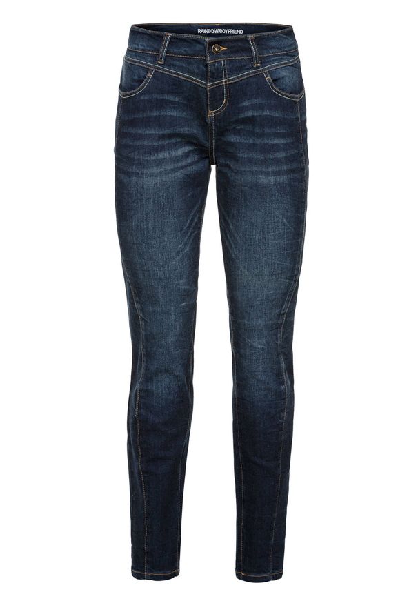 Dżinsy Boyfriend bonprix ciemny denim. Kolor: niebieski. Materiał: bawełna, materiał, elastan. Wzór: aplikacja