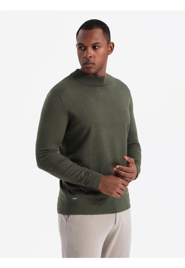 Ombre Clothing - Dzianinowy półgolf męski z wiskozą – ciemnooliwkowy melanż V5 - Rozmiar: XL. Kolor: oliwkowy. Materiał: dzianina, wiskoza. Wzór: melanż. Styl: klasyczny